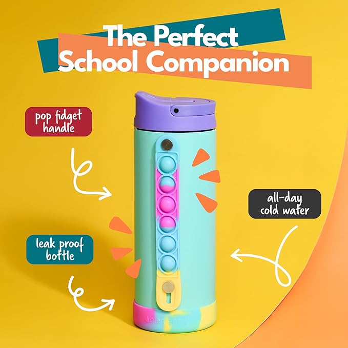 Elemental Iconic Kids Water Bottle with Straw Lid & Stress Relief Pop It Handle, Leak-Proof When Closed, Triple Insulated Kids Stainless Steel Water Bottle For Girls and Boys, 14oz - Blue Tie Dye - Bloomnest