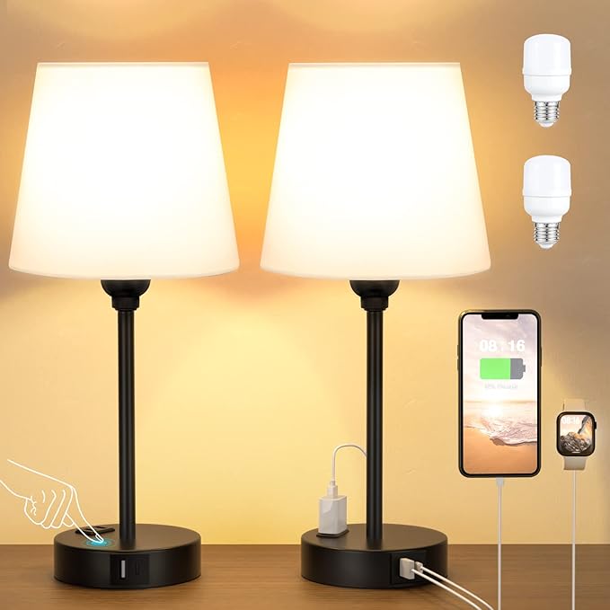 White Bedside Lamps for bedrooms Set of 2 - Nightstand Bedroom Lamp with USB C Port and AC Outlet Charging, 3 Way Dimmable Touch Control Small White Bed Side Table Lamp, Nightstand Light for Kids - Bloomnest