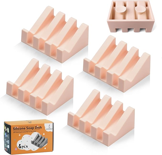 Silicone Soap Dish with Drain, Upgrade Double Suction Cups at The Bottom for Anti-Slip and Stability, Soap Dish Shower Waterfall Bar Soap Holder Tray with Drain Soap Holder (4, Pink) - Bloomnest