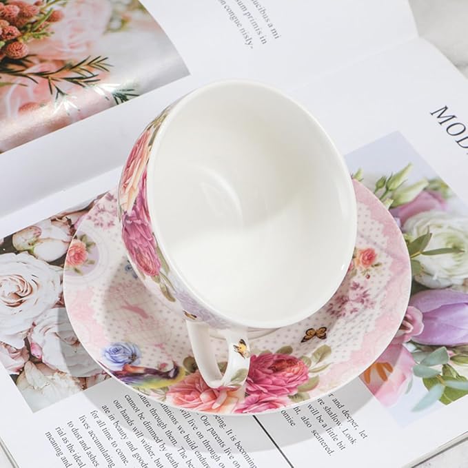ONEUSTAR Tea for One Set Ceramic Floral Teapot and Cup Saucer Set for Women Mother's Day Birthday Gift in Reusable Handmade Gift Box, Pink - Bloomnest
