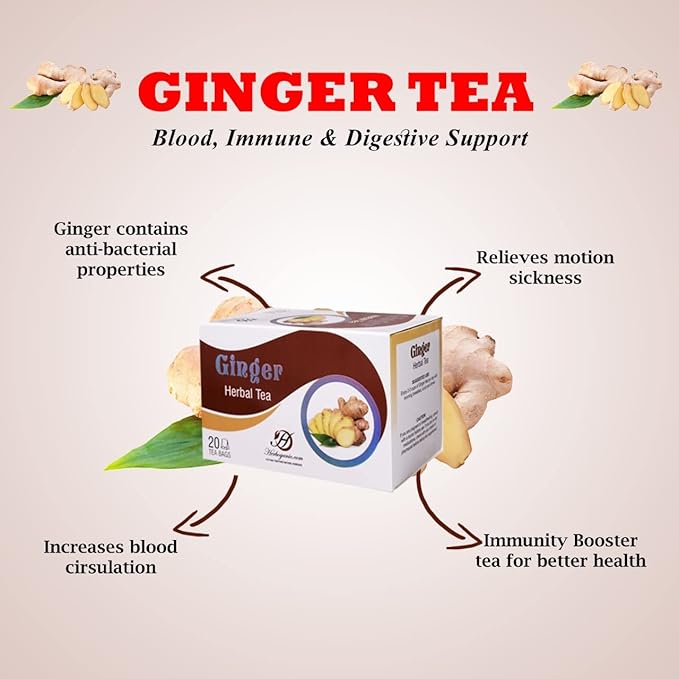 Herboganic Herbal Ginger Tea Bags, Natural Remedy Ginger Tea, Supports Good Digestion, Soothes Throat & Relieves Motion Sickness (Pack of 20) - Bloomnest