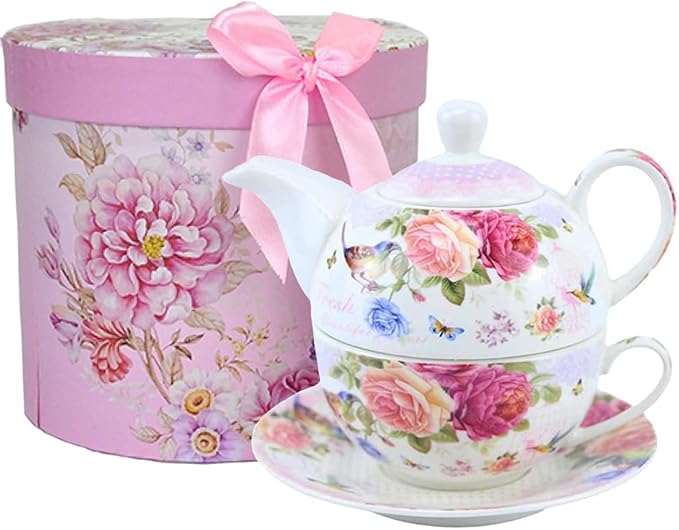 ONEUSTAR Tea for One Set Ceramic Floral Teapot and Cup Saucer Set for Women Mother's Day Birthday Gift in Reusable Handmade Gift Box, Pink - Bloomnest