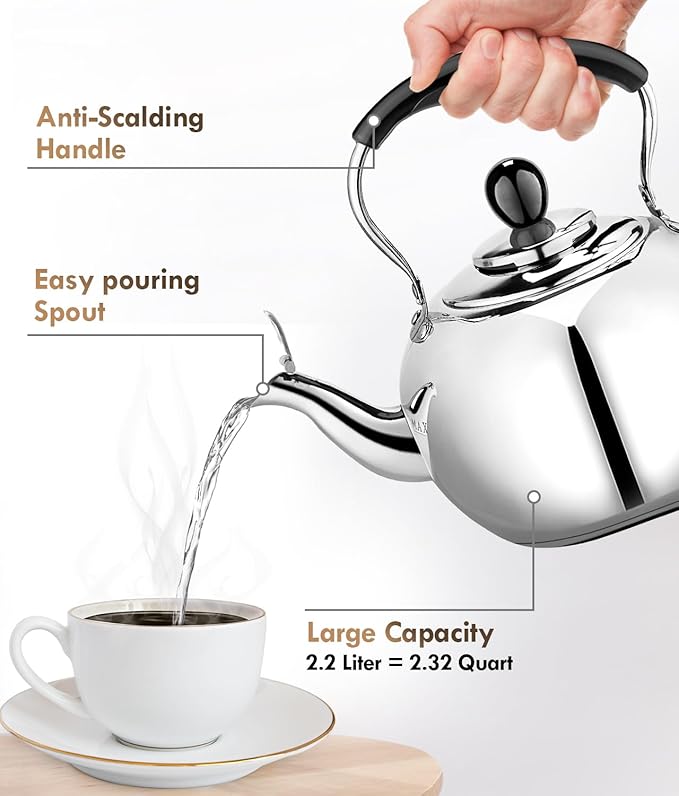Dclobtop Whistling Tea Kettle Stovetop - 2.3 Quart Round Tea Pot for Stovetop, Silver Mirror Polished Classic Stovetop Kettle, Food Grade Material Teapot for Stove Top - Bloomnest