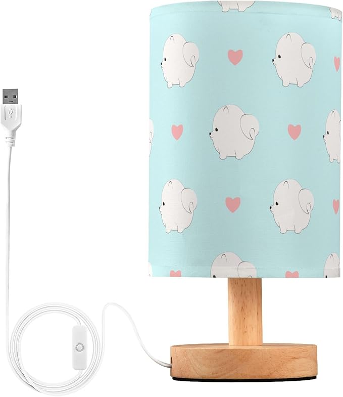 Table Lamp Cute Pomeranian Dog Puppy Heart Nightstand Lamp with Wood Base Fabric Lamp Shade Bedside Desk Lamp for Living Room Bedroom Kids Room Office - Bloomnest