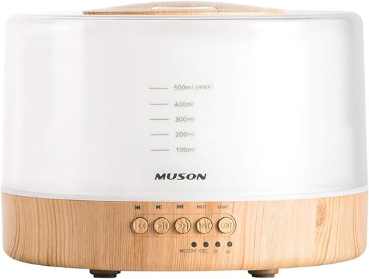 muson Essential Oil Diffuser Sound Machine Combo Diffuser for Aromatherapy Fragrant Oil Cool Mist Humidifier with Natural Sound Music & Warm Night Light, Auto Shutoff, White - Bloomnest