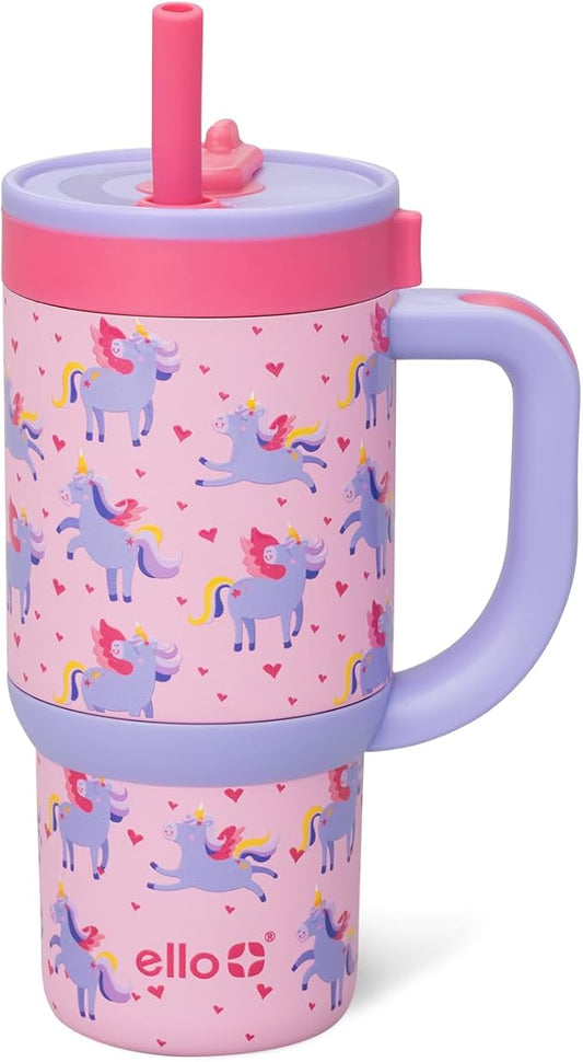 Ello Oasis 14oz Stainless Steel Toddler Tumbler with Handle & Retracting Straw, 100% Leakproof, Double-Wall Vacuum Insulated, Kids Water Bottle for School, BPA Free, Dishwasher Safe, Unicorns - Bloomnest