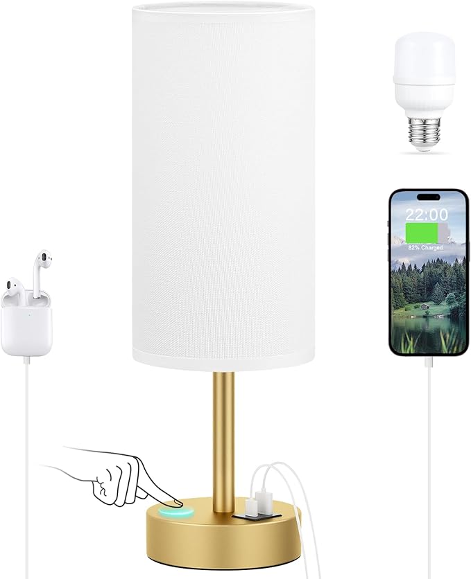 Dicoool Small Touch Bedside Lamp with USB - 3 Way Dimmable Table Lamp for Bedroom, Nightstand Lamp with Gold Charging Station for Desk Dorm, Office - Bloomnest