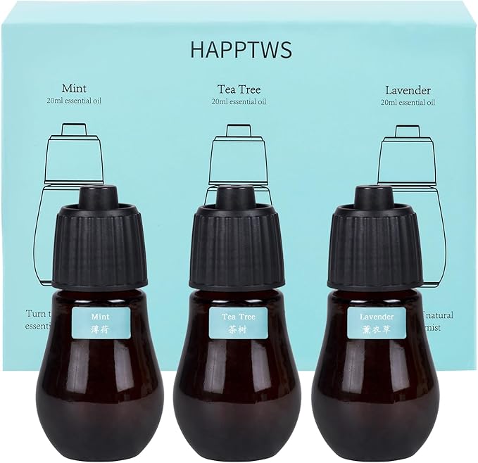 HAPPTWS 3-Pack Essential Oil Kit - Diffuser Oil Use to HAPPTWS Waterless Diffuser Mint/Tea Tree/Lavender - Bloomnest