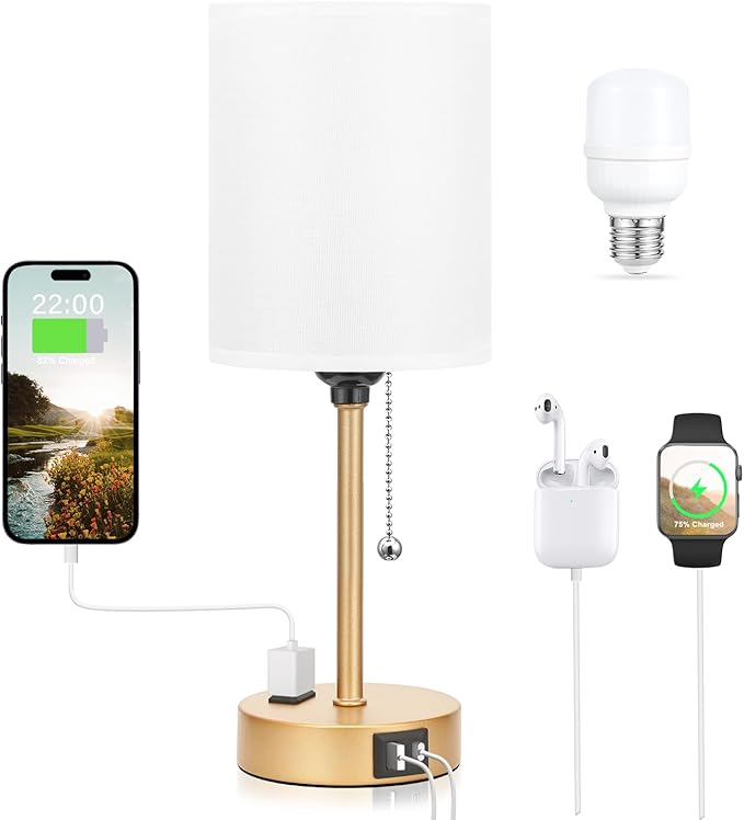 Dicoool Small Bedside Lamps 3 Color Modes - 3000K 4000K 5000K Bedroom Lamps with USB C and A Ports, Pull Chain Gold Table Lamps with AC Outlet, Nightstand Lamps with Gold Metal Base for Kids Reading - Bloomnest