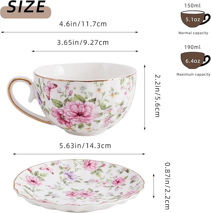 Tea Cup and Saucers, 6.4oz Floral Tea Cups with Gold Trim, Coffee Cappuccino Espresso Latte Mugs for Party Birthday,Christmas Gift (Pink and purple flowers) - Bloomnest