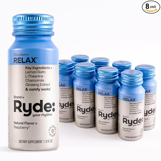 Ryde: Relax Shot | Raspberry Flavor | Lemon Balm, L-Theanine, Ginseng & Chamomile | 0 Calories, 0 Sugar | 2 FL OZ Shots | Helps You Relax* (8 Pack) - Bloomnest