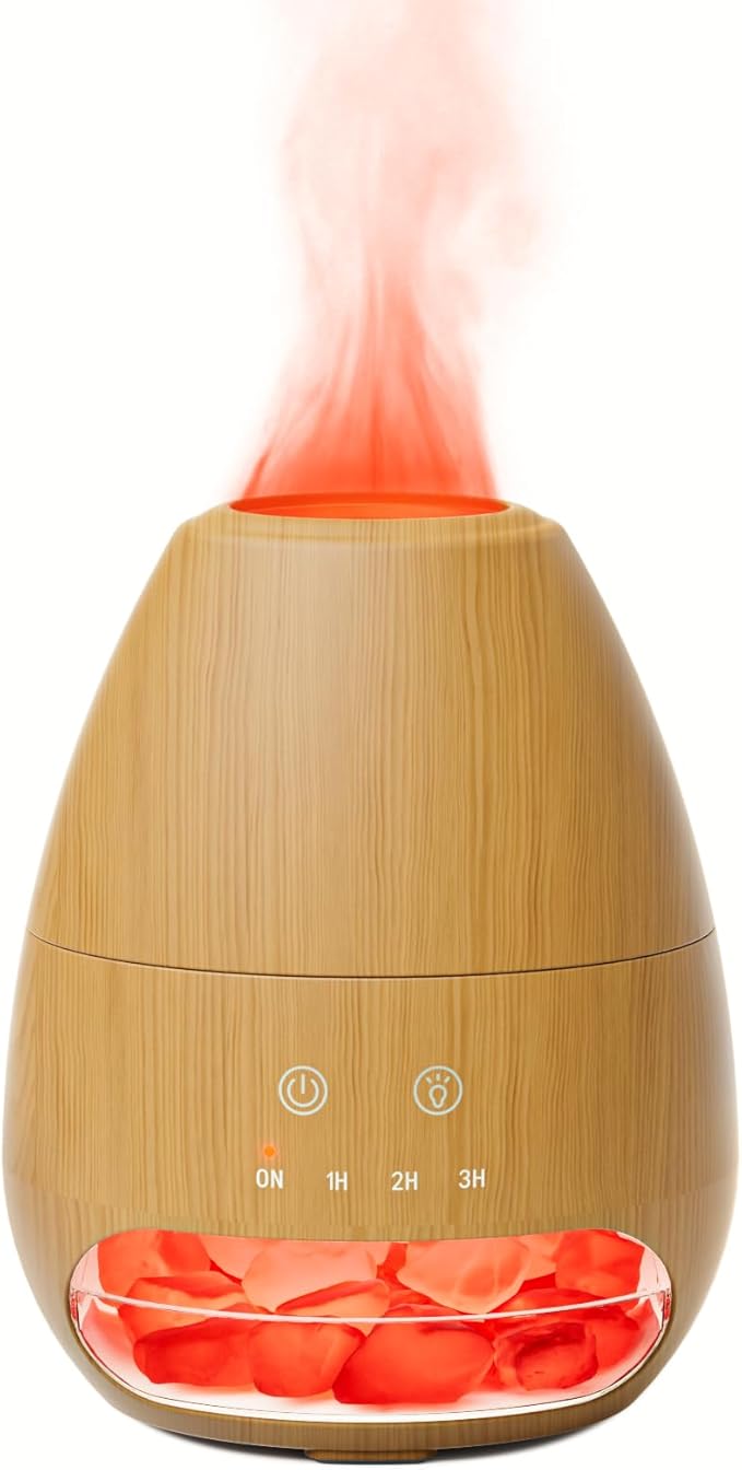 Ultrasonic Essential Oil Diffuser with Himalayan Salt Rock,Flame Diffuser with 7 LED Light,100ML Small Aromatherapy Oil Diffuser with Auto Off Function for Home, Office,Spa,Wooden Grain - Bloomnest