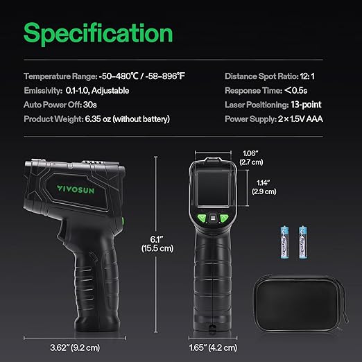 VIVOSUN VPD Thermometer, Handheld Environmental Monitor, Precision Infrared Laser Thermometer Gun with Adjustable Emissivity, Leaf VPD and Temperature Monitoring for Plants, Grow Tents, HVAC - Bloomnest