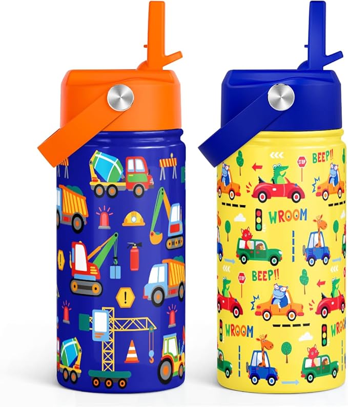 SANDJEST Kid Water Bottle 12oz with Straw Lid - 2-Pack Insulated Stainless Steel Water Bottles for Kids Boys Girls - Travel Cup for School Sports, Construction & Transportation - Bloomnest
