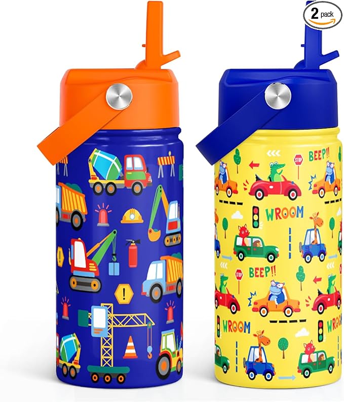 SANDJEST Kid Water Bottle 12oz with Straw Lid - 2-Pack Insulated Stainless Steel Water Bottles for Kids Boys Girls - Travel Cup for School Sports, Construction & Transportation - Bloomnest