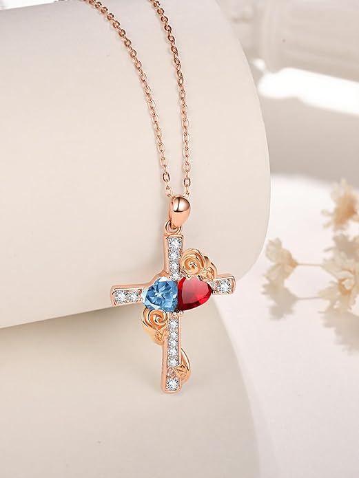 Rose Gold Dual Birthstones Cross Necklace for Women Rose Flower Jewelry Anniversary Christmas Mother's Valentine's Day Birthday Gift for Wife Girlfriend Mom - Bloomnest