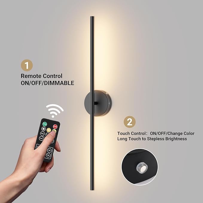 Tipace Battery Operated Wall Sconce with Remote Control,Wall Sconces Set of Two,3000K-6000K LED Wall Light for Bedroom,Hallway,Background Wall,350°Rotate,28 Inch,Black(2 Pack) - Bloomnest
