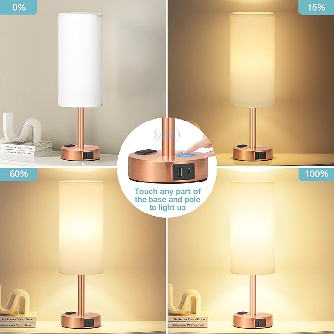 Fenmzee Bronze Nightstand Bedroom Lamp - 3 Way Dimmable Bedside Lamp USB C A Charging Ports and AC Outlet, Small Table Lamp White Linen Lampshade for Desk, LED Bulb Included - Bloomnest