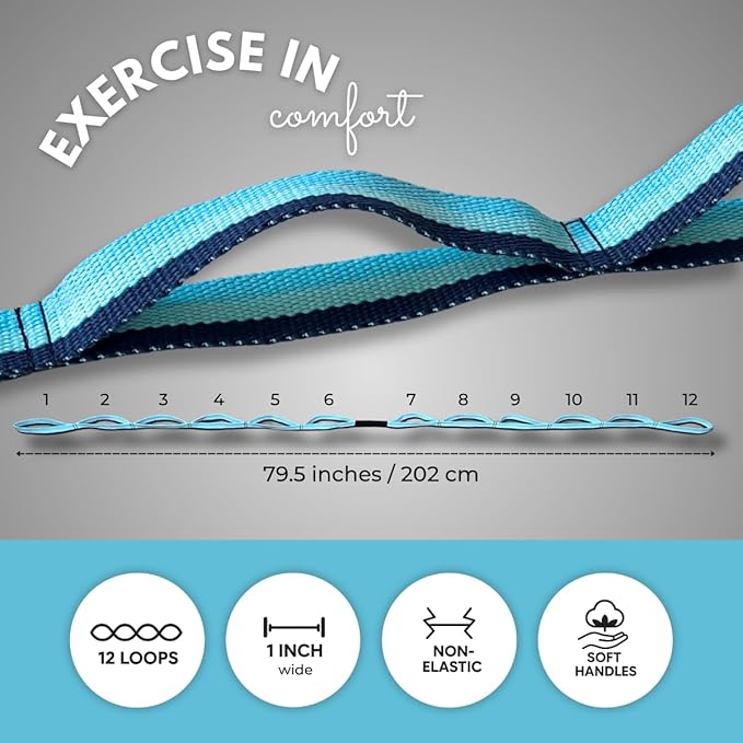 California Yoga Strap | Yoga Belt with Loops | 12 Multi Loop & Non-Elastic | Stretching Strap | Gym Workout & Exercise Bands | Physical Therapy | Improves Sitting Posture for Women & Men - Bloomnest