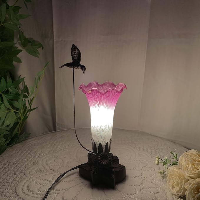 Bieye LL02 Hummingbird Flying Over Lily Flower Blown Glass Table Lamp for Home Decor (White Pink, 4.25Wx12H)