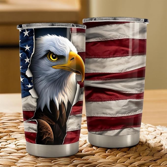 SANDJEST Eagle Tumbler 20oz Stainless Steel Insulated Coffee Travel Mug Cup American Flag Eagle Gifts for Men, Veterans on Birthday Christmas - Bloomnest