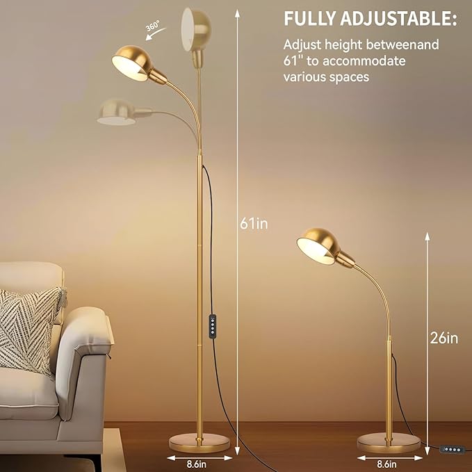 Gold Floor Lamp with Flexible Gooseneck and Rotatable Shade，Standing Lamp Include Dimmer LED Bulb，Ideal Tall Lamp with Dimmer and Timer Switch for Reading,Bedside and Living Room (Gold) - Bloomnest