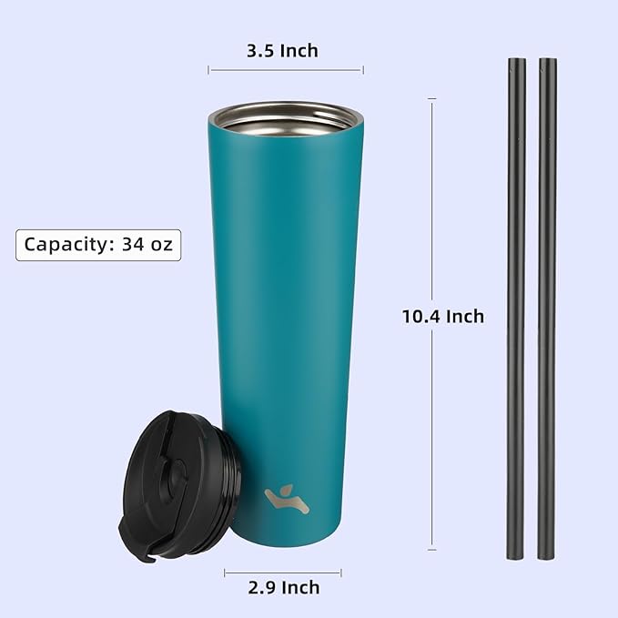 34 OZ Insulated Tumbler with Lid and 2 Straws Stainless Steel Water Bottle Vacuum Travel Mug Coffee Cup,Blue - Bloomnest