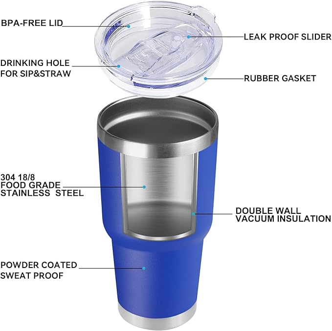 DOMICARE 30 oz Tumbler with Lid and Straw, Stainless Steel Tumblers Bulk, Insulated Vacuum Double Wall Travel Coffee Mug, Durable Powder Coated Tumbler Cups (Dark Blue, 12)