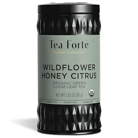 Tea Forte Wildflower Honey Citrus Premium Loose Leaf Caffeinated Green Tea Blend Canister, Makes 35-50 Cups, Round Canister