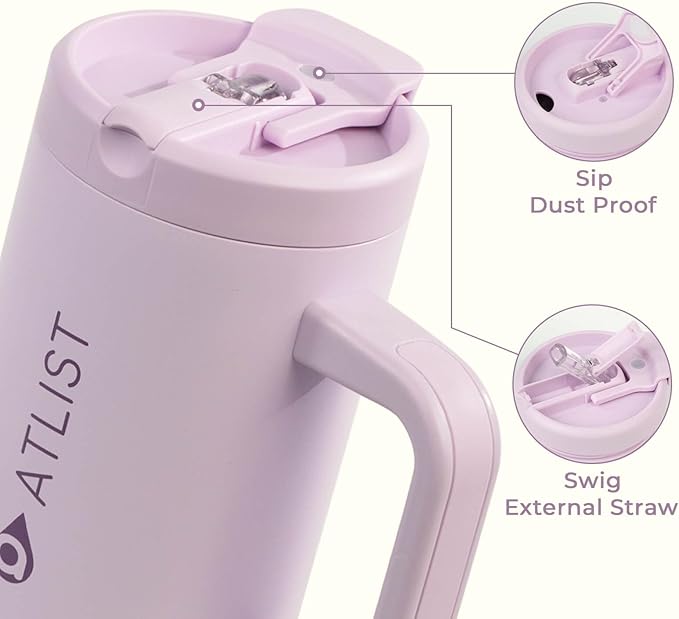 100% Leakproof 40 oz Tumbler with Handle & 4-in-1 SipSwig Lid, Built-In Flip Straw & External Stainless Steel Straw, Insulated Stainless Steel Cup, BPA-Free, Purple - Bloomnest