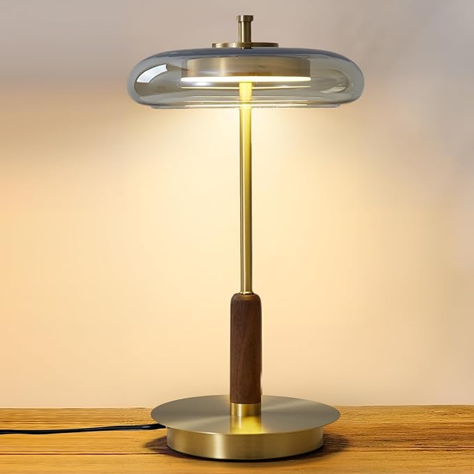 Small Table Lamp for Bedroom-Brass Base Mushroom Table Lamps,Amber Glass Shade,LED Three Color Temperature Adjustable Brightness Modern LED Side Table and Desk Lighting(H 15.4 in) - Bloomnest