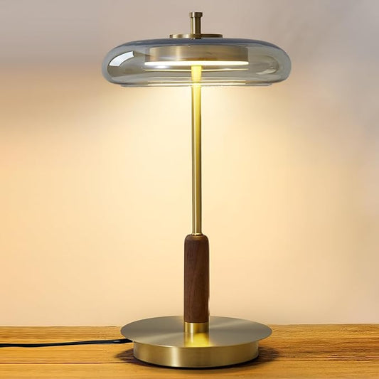 Small Table Lamp for Bedroom-Brass Base Mushroom Table Lamps,Amber Glass Shade,LED Three Color Temperature Adjustable Brightness Modern LED Side Table and Desk Lighting(H 15.4 in) - Bloomnest