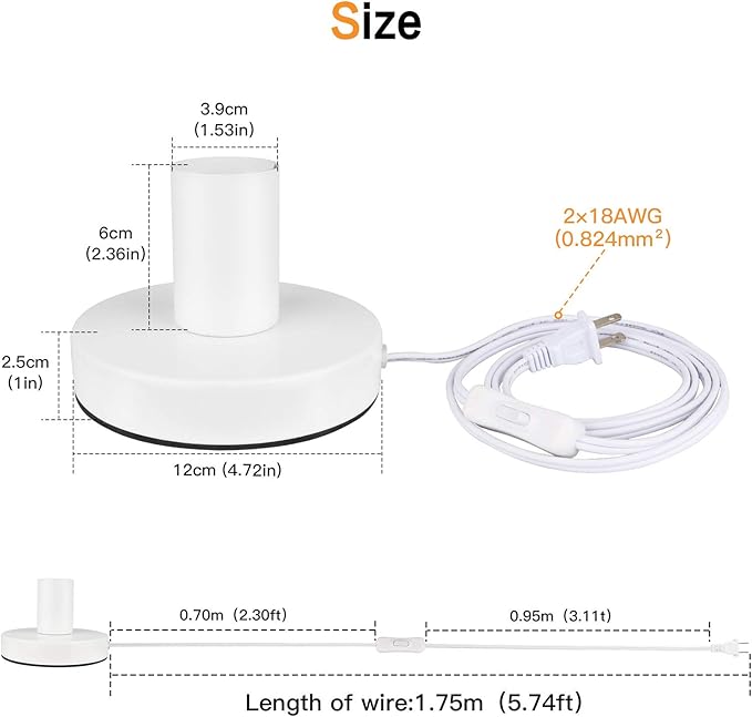 Helunsi Industrial Table Lamp Base - E26/E27 Edison Light Bulb Stand, Exposed Bulb, Simple Metal, 5.8ft Cord Switch Plug, White - Bloomnest