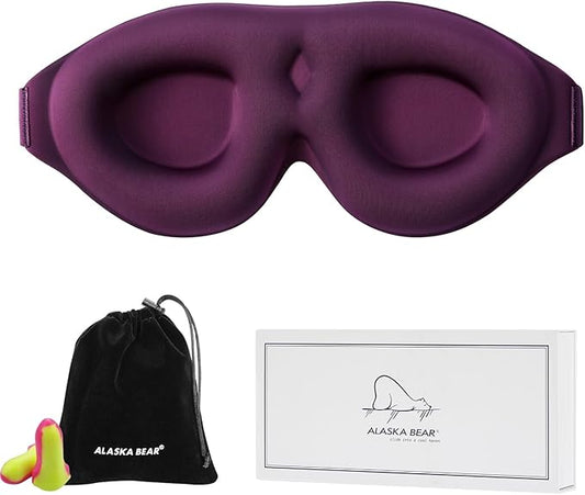 ALASKA BEAR 100% Blackout Sleep Mask for Women and Men, 3D Pillowy Soft Light Blocking Eye Mask with Contoured Eye Cups, Earplugs Set, Purple - Bloomnest