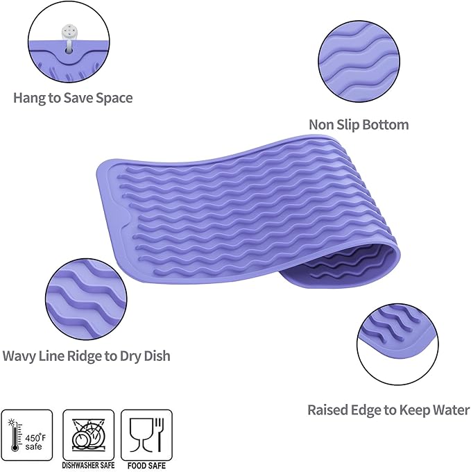 Silicone Dish Drying Mat for Multiple Usage,Easy clean,Eco-friendly,Heat-resistant Silicone Mat for Kitchen Counter,Sink,Bar,Bottle,or Cup Light Purple M 17 inches x 6 inches - Bloomnest