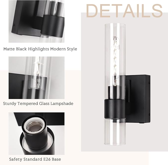 BELS Battery Operated Wall Sconces Set of Two, 13 Inch Black Wireless Wall Light with Clear Glass, Dimmable, 4000K, Remote Control, Rechargeable Wall Sconce for Bedroom, Living Room, Hallway - Bloomnest