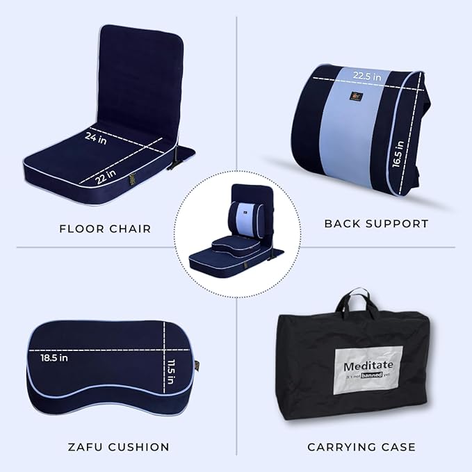 Friends Of Meditation Extra Large Meditation Chair | Floor Chair with Back Support | Yoga Chairs for Adults | Portable Folding Chair | Yoga Chair with Cushion & Meditation Block | Navy Blue | 24x22 in - Bloomnest