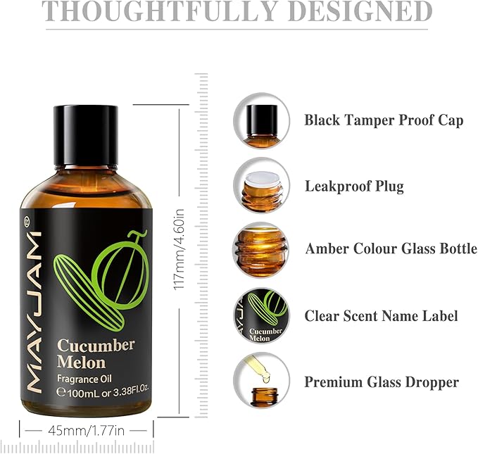 MAYJAM 100ML/3.38FL.OZ Cucumber Melon Fragrance Oils with Glass Dropper, Essential Oils for Diffusers for Home, Long Lasting Scented Oils for Diffusers Soap Candle Making - Bloomnest