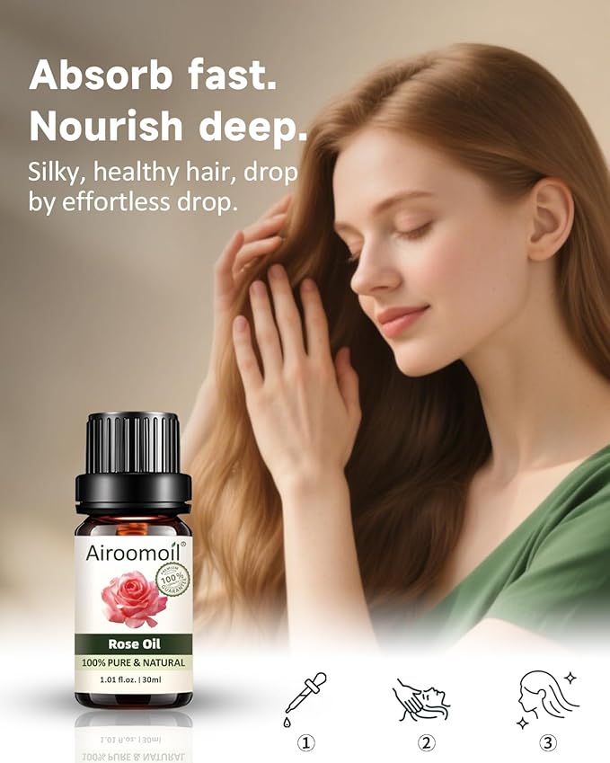 Rose Essential Oil with Glass Dropper - 1 Fl Oz | 30ml, 100% Pure Natural, for Diffusers, Aromatherapy, Skin, Massage, Candle and Soap Making Fragrance Airoomoil