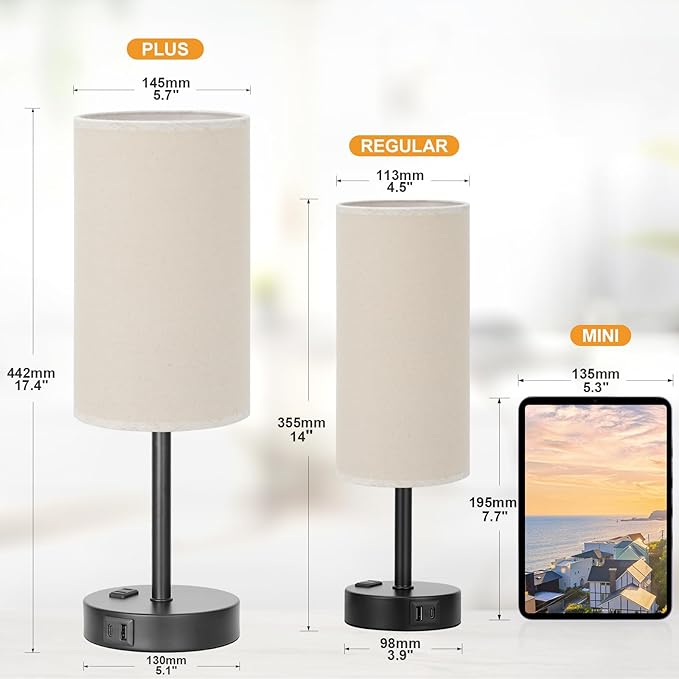 Fenmzee Touch Table Lamp - Beige, 3-Way Dimmable, USB A + C Charging, AC Outlet, 17.4inch Medium, Black Metal Base - Bloomnest