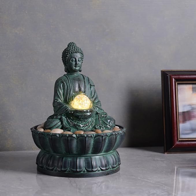 Indoor Tabletop Fountain Buddha Exquisite Sitting Meditation Statue, Desk-Top Water Fountain Decorative Zen Fountain w/Glass Rolling Ball/LED/Stone for Office/Home/feng Shui Decor 9.4" - Bloomnest