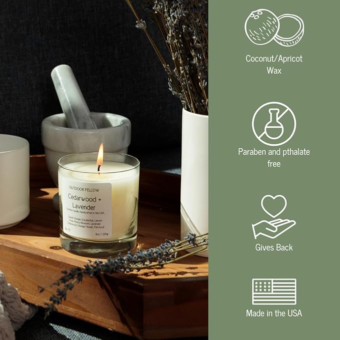 Outdoor Fellow Cedarwood and Lavender Scented Candle, 8oz, Coconut & Apricot Wax Blend, Sweet Orange, Lavender, Cedarwood, Reusable Glass, 40-50 Hour Burn Time - Bloomnest