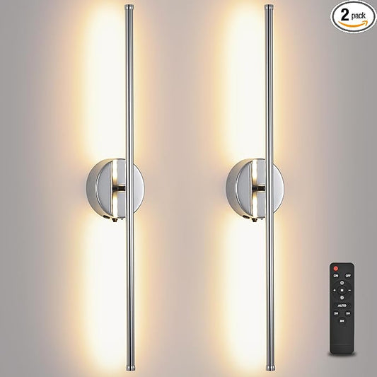 Battery Operated Wall Sconce Set of 2, Chrome 27.5" LED USB Rechargeable dimmable Wall Sconce with Remote Control, Rotate 350° for Living Room, Bedroom, Hallway and scones Lighting - Bloomnest