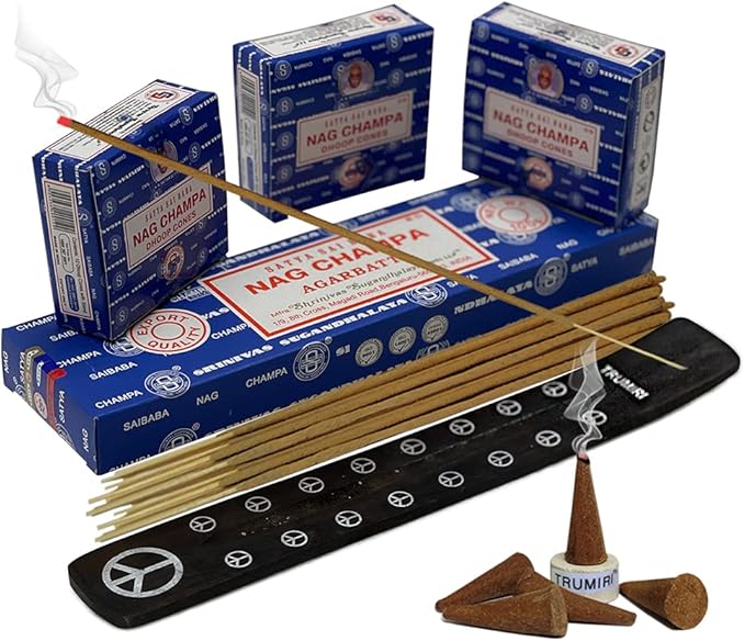 Nag Champa Incense Sticks 100g and Cones Variety Pack with Burner Holder Bundle from Satya Incense 100g Trumiri for Smudging and Aroma