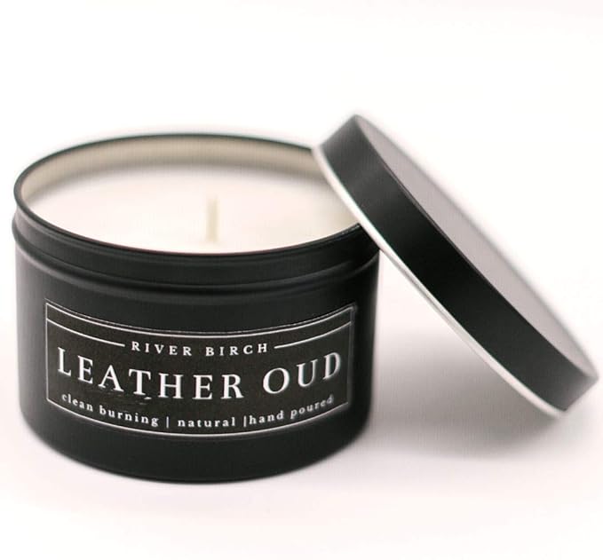 River Birch Candles Leather Oud Scented Candle | Premium, All-Natural, Non-Toxic, Soy Candles | 8 oz. Black Matte Tin Travel Candle | Cozy Relaxing Gifts for Home - Bloomnest