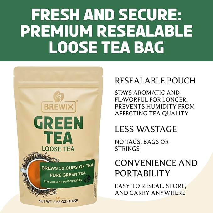 BREWIX, Green Tea Loose Leaf (50+ Cups, 3.53oz/100g) Gluten Free I High Elevation Grown Green Tea Leaves | Pure Single Origin Sourced Direct from India - Bloomnest
