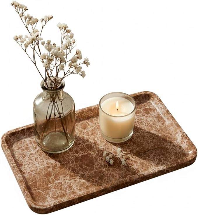 Light emperador Marble Vanity Tray for Bathroom Counter-12 X7 Decorative Tray for Perfume, Candles, Stone Jewelry Dish Tray - Bloomnest