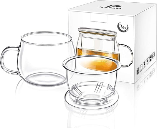Lezero 13oz Tea Infuser Cups Kits, Glass Mugs with Filter Basket and Lid for Loose leaf Tea Brewing, Heat Resistant, Lead-free, Microwave & Dishwasher Safe - Bloomnest