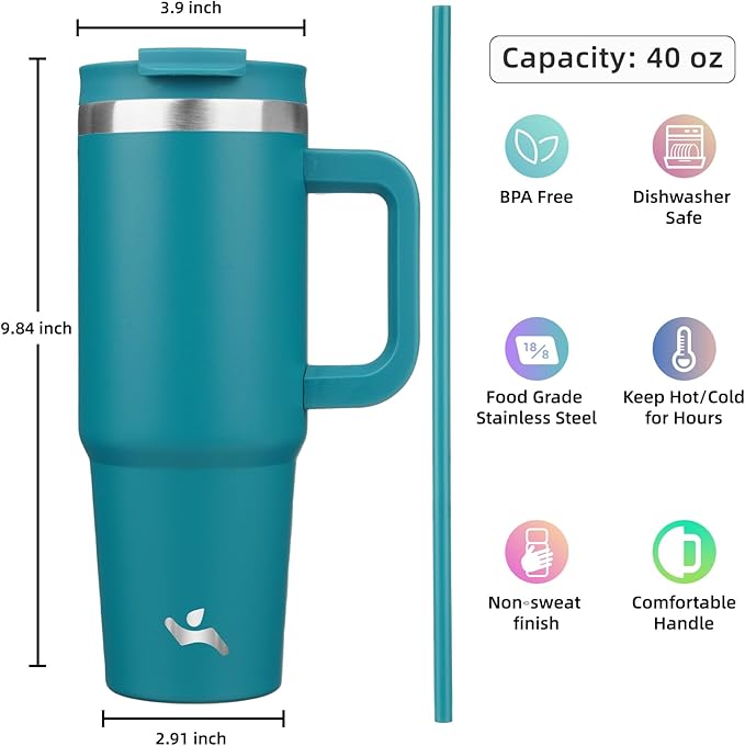 40 oz Tumbler with Handle and 2 Straws,2 in 1 Lid Insulated Water Bottle Stainless Steel Travel Coffee Mug,Blue - Bloomnest