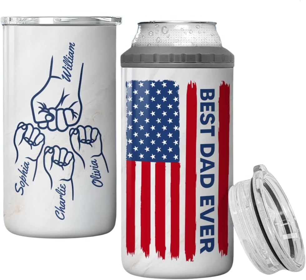 4th Of July Can Coolers, Best Dad Grandpa Ever Fist Bump Tumbler Nation Flag Personalized 4th Of July Gift For Personalized Can Cooler Tumbler, Birthday Gifts For Dad From Kids, Husband Gifts